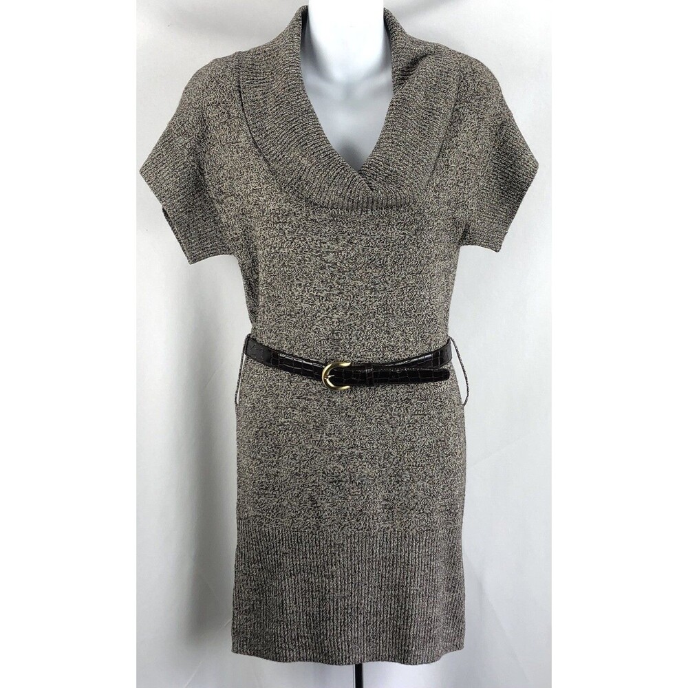 B Wear Mini Sweater Dress M Brown Belted Cowl Neck Shortsleeve 90's Y2K Academia